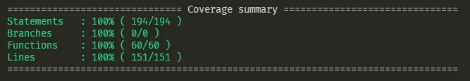 terminal output showing code coverage