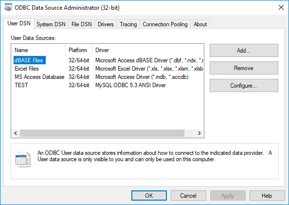 ODBC Data Source Admin Panel